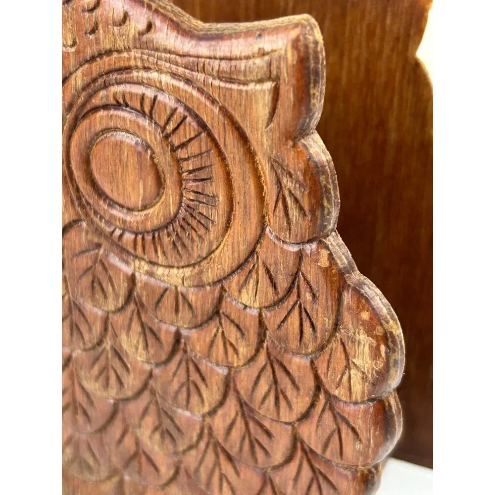 MCM 1970s Owl Wooden Napkin Letter Holder Brown Distressed Vintage Mid-Century